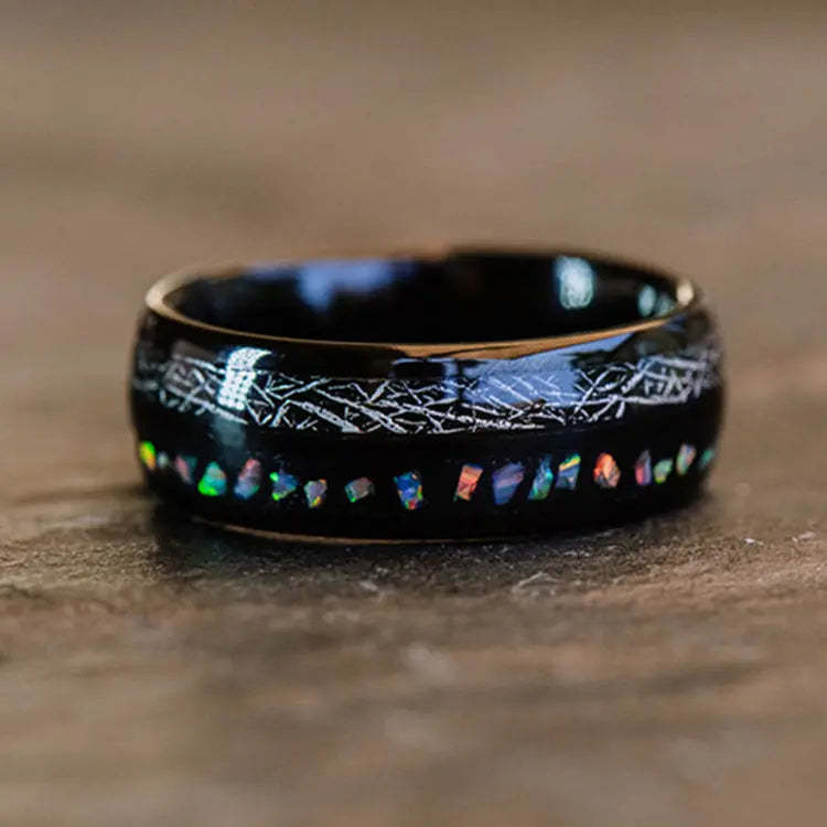 Black Opal Tungsten Ring | U-Shaped Black Wedding Band with Opal Inlay | Anniversary Gift for Her and Him