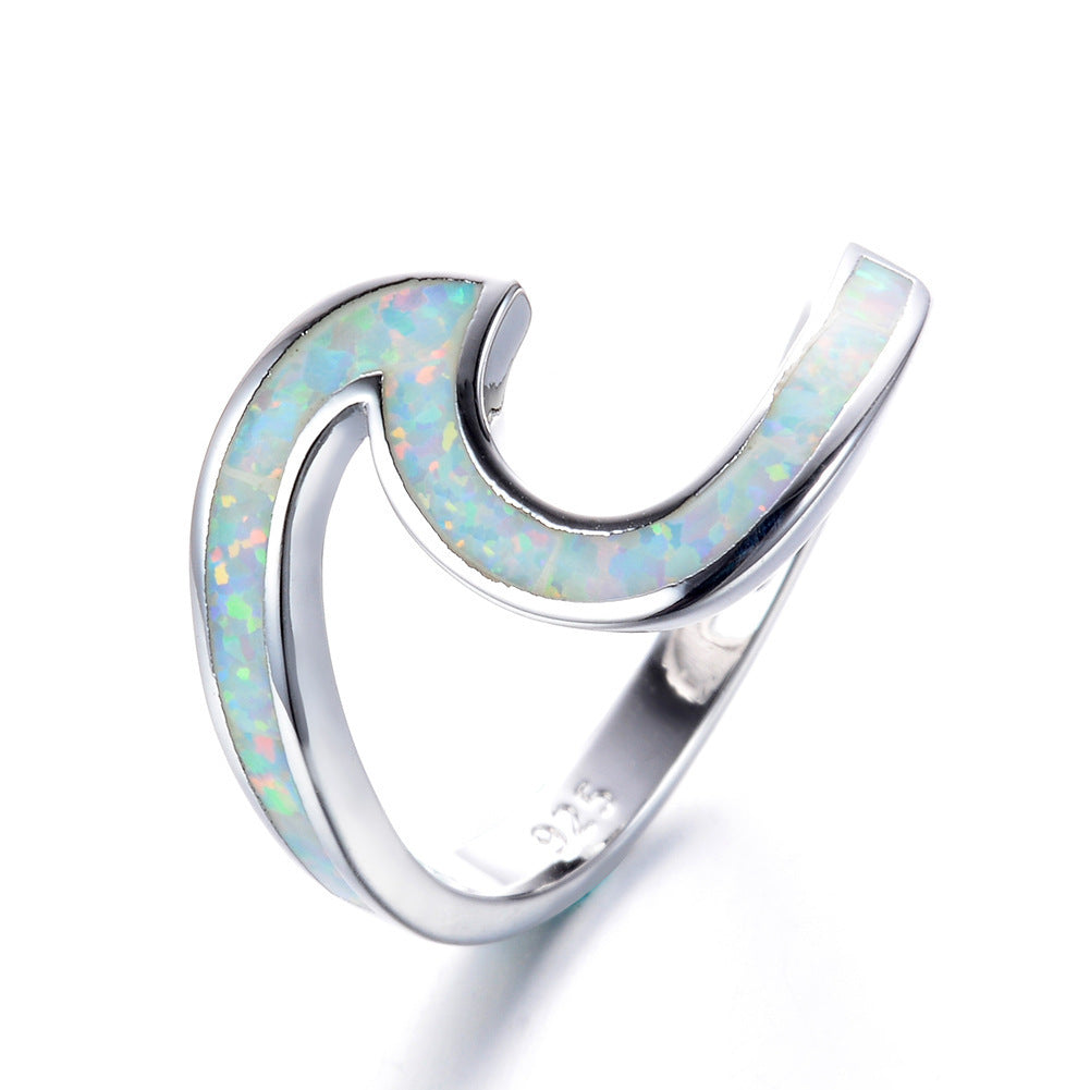 Wave Design Opal Inlay Silver Ring | Natural Opal Wave Ring | October Birthstone Gift for Her