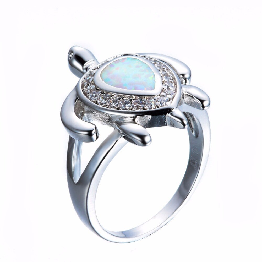 White Fire Opal Turtle Ring in Sterling Silver | Ocean Turtle Opal Ring | October Birthstone Gift for Her