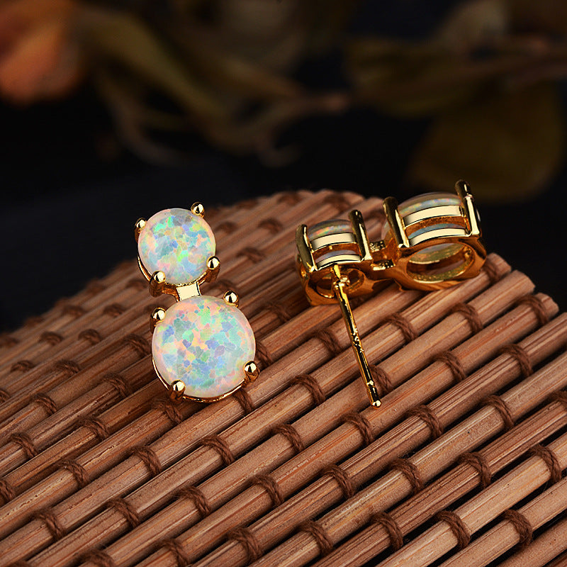 Double Round Opal Stud Earrings Sterling Silver, White Fire Opal Dainty Earrings, October Birthstone Gift for Her, Bridal Jewelry