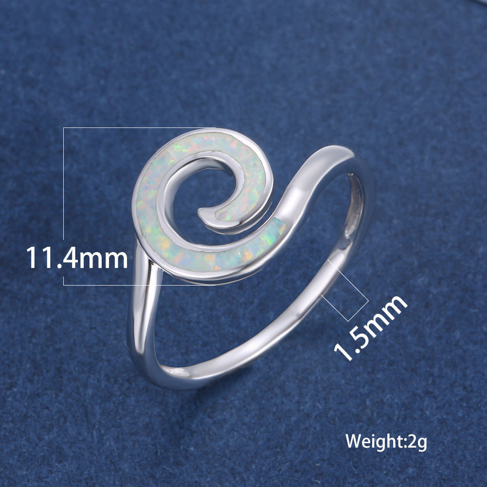 Silver Spiral Opal Ring | Blue and White Opal Inlay Wave Design Ring | October Birthstone Gift for Her