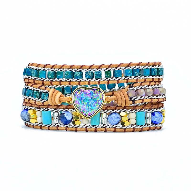 Blue Opal Heart Leather Wrap Bracelet