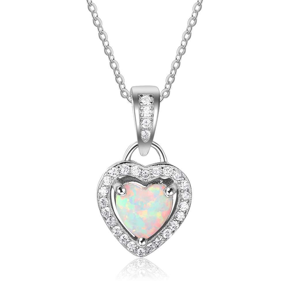 Heart Shaped White Fire Opal Pendant Necklace, Sterling Silver Halo Necklace, Romantic Gift for Wife Girlfriend