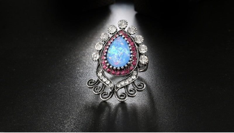 Blue Opal White Crystal Flower Ring in Sterling Silver | Floral Opal Crystal Ring | October Birthstone Gift for Her