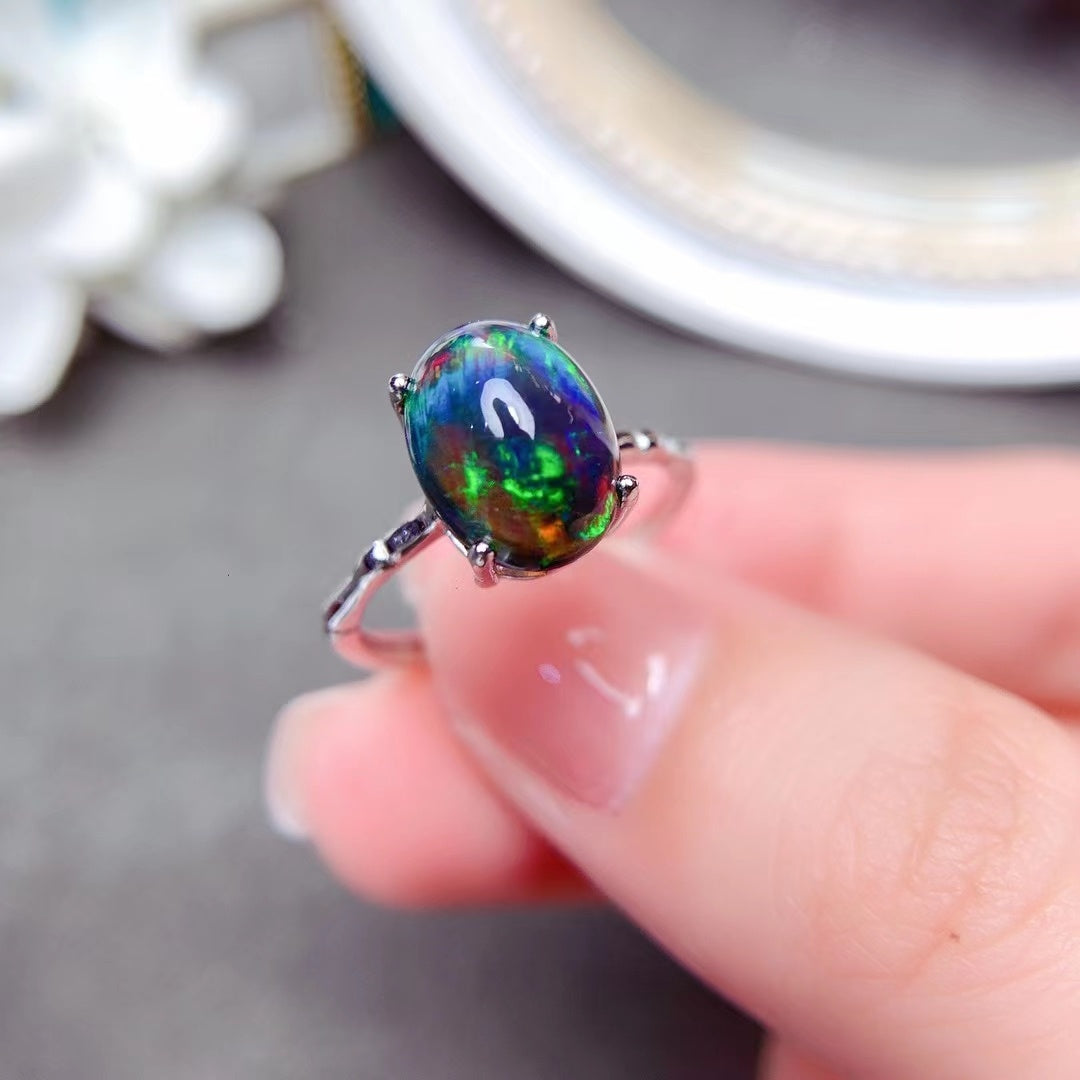 Delicate Mosaic Natural Black Opal Ring in 925 Sterling Silver | Rare Black Opal Ring | October Birthstone Gift for Her