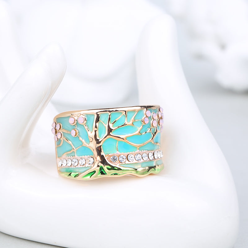 Tree of Life Turquoise Enamel Wide Band Ring in Sterling Silver | Nature Inspired Ring | Gift for Her