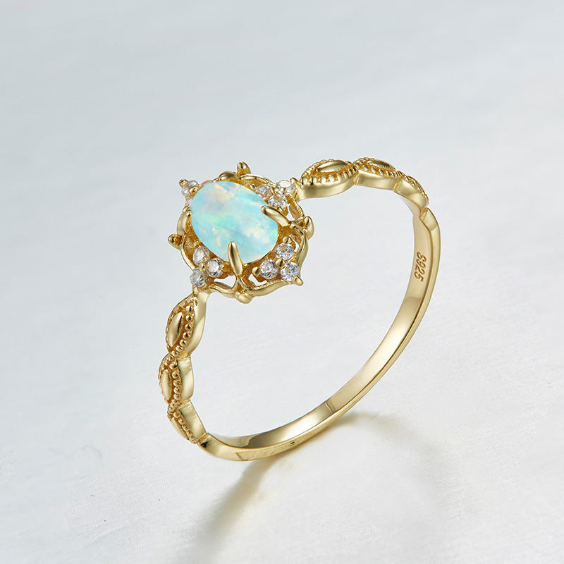 Vintage Crown Natural Opal Ring in Sterling Silver | October Birthstone Opal Engagement Gift for Her