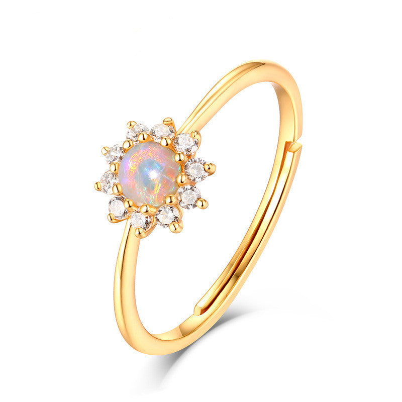 White Opal Sunflower Ring in 9K Gold | Floral Opal Gold Ring | October Birthstone Luxury Gift for Her