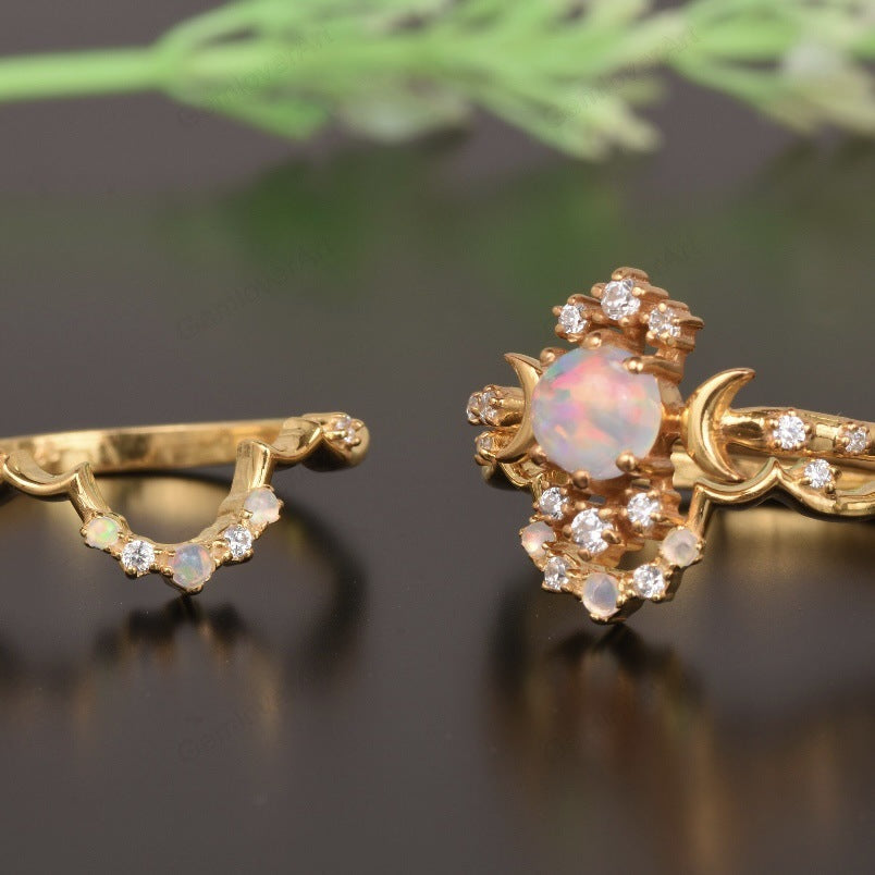 Star Moon Golden Three-Piece Opal Ring Set | Celestial Opal Stacking Rings | October Birthstone Gift for Her