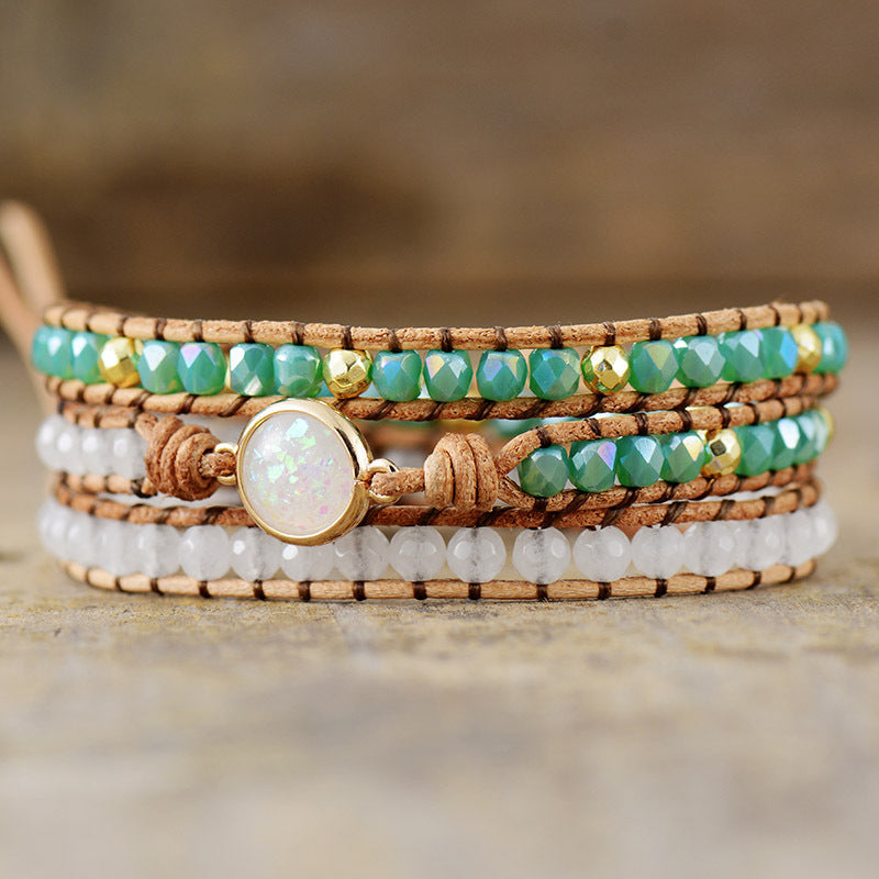 Opal Stone & Crystal 3-Layer Wrap Bracelet