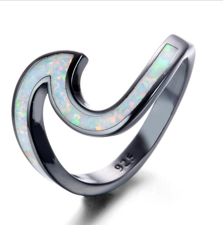 Black Gold Plated White Opal Ocean Wave Ring | Silver Opal Inlay Statement Ring | October Birthstone Gift for Her