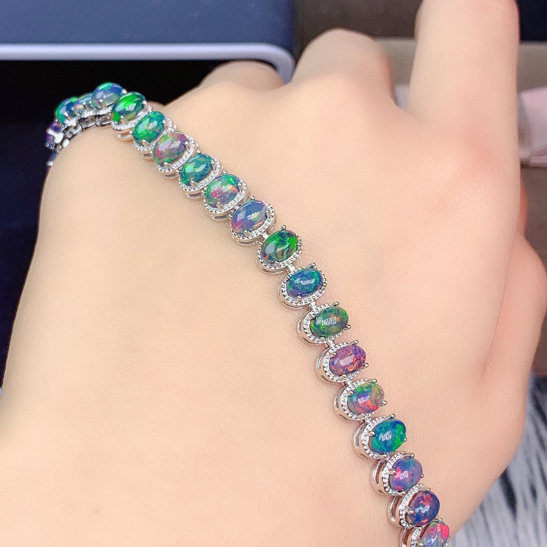 Natural Opal Tennis Bracelet 925 Sterling Silver - 4×6mm Oval Opal Bracelet