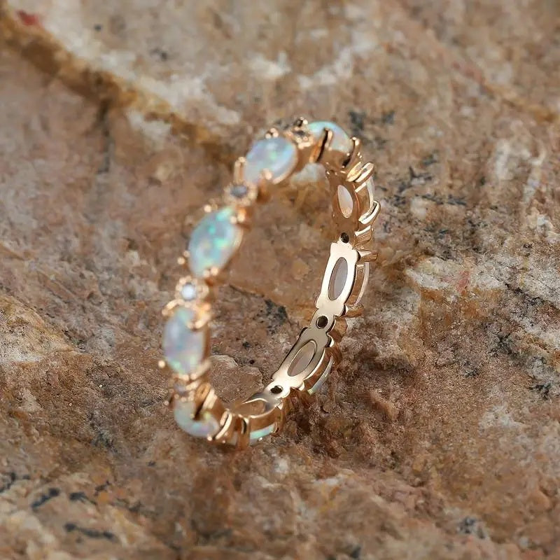 Gold Oval Opal Eternity Ring | Elegant Gold Opal Band Ring | October Birthstone Anniversary Gift for Her