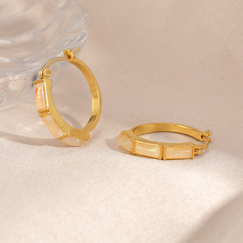 Baguette Opal Hoop Earrings, White Fire Opal Huggie Hoops, October Birthstone Gift for Her, Bridal Jewelry