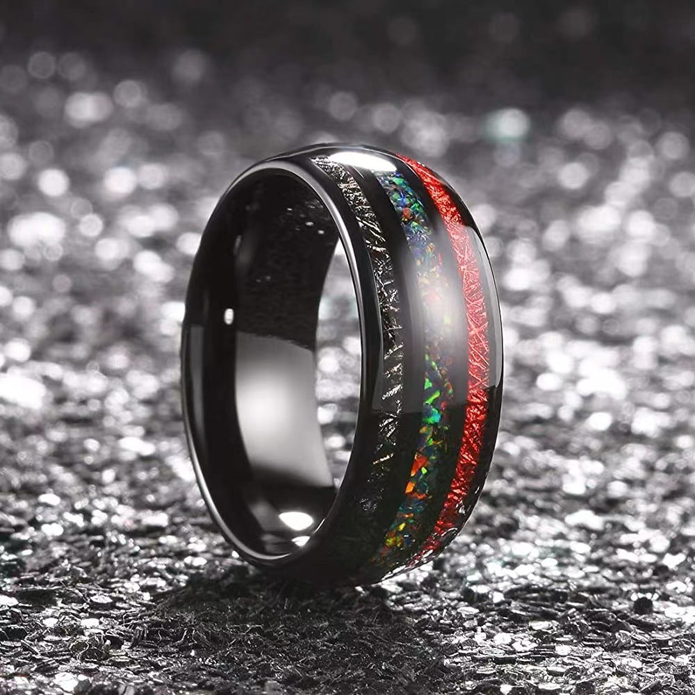 Opal Ruby Black Meteorite Ring | Rare Opal Ruby Meteorite Inlay Ring | Anniversary Gift for Him and Her