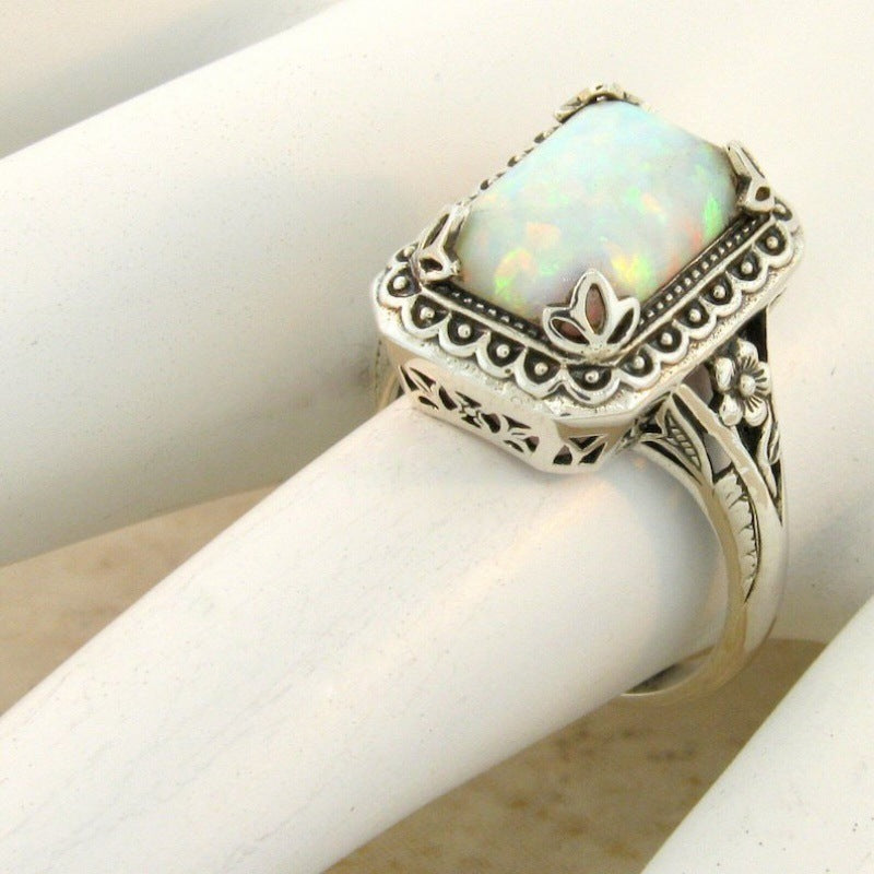 Rectangle Opal Ring in Sterling Silver | Vintage Opal Gemstone Ring | October Birthstone Gift for Her