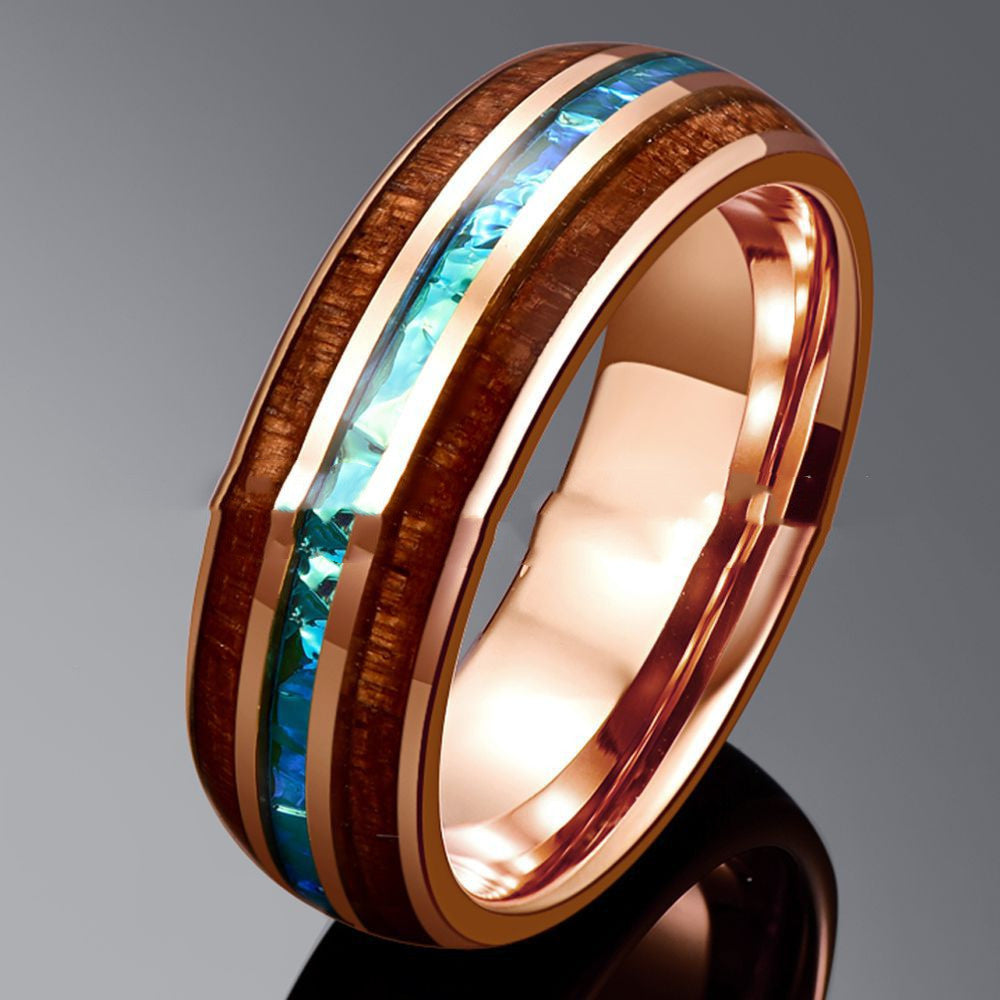 Rose Gold Opal Wedding Band | Tungsten Ring with Blue Opal and Wood Inlay | Anniversary Gift for Her and Him