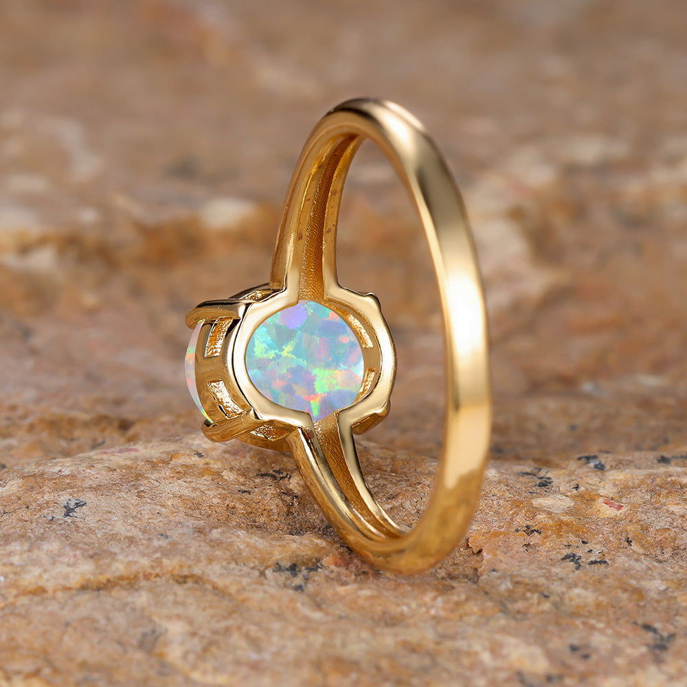 Golden Oval White Opal Minimalist Ring | Dainty Gold Opal Ring | October Birthstone Gift for Her