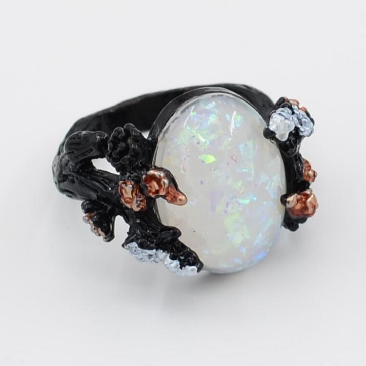 Vintage Flower Opal Ring in Black Gold | Floral Opal Statement Ring | October Birthstone Gift for Her