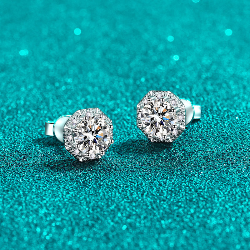 2 Carat Moissanite Stud Earrings 925 Sterling Silver, Octagonal Halo Earrings, 6.5mm Brilliant Cut Bridal Jewelry Gift for Her