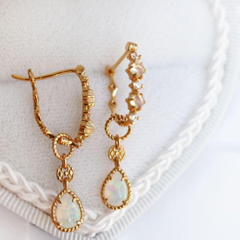 Dainty Pear Opal Drop Hoop Earrings, October Birthstone Gift for Her, Opal Dangle Earrings, Anniversary Birthday Jewelry