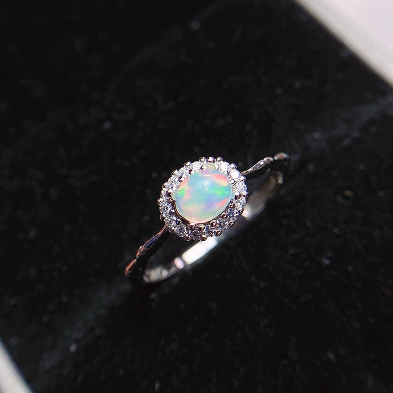 Oval Opal Adjustable Halo Ring in 925 Sterling Silver White Gold | Bridal Evening Gift for Her
