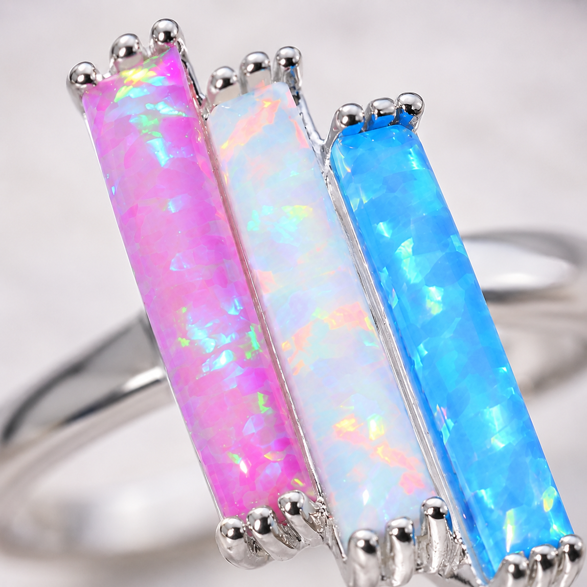 Tricolor Fire Opal Ring Platinum Plated | Pink, White & Blue Opal Boho Statement Ring | October Birthstone Gift for Her