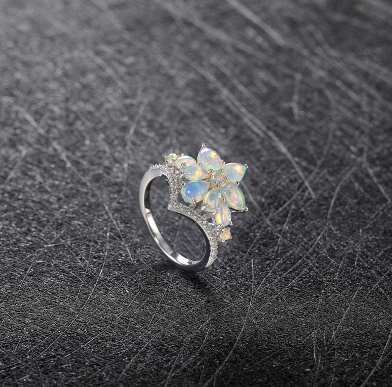 Flower Opal Ring in 925 Sterling Silver | Purple and White Gemstone Floral Ring | October Birthstone Gift for Her