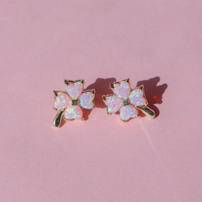 Opal Four-Leaf Clover Pendant Necklace & Ear Studs Pair
