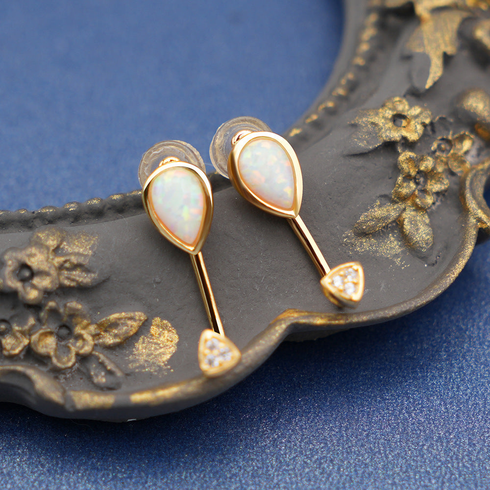 Pear Opal Drop Earrings 925 Sterling Silver Gold, White Fire Opal Dainty Stud Earrings, October Birthstone Gift for Her, Bridal Jewelry