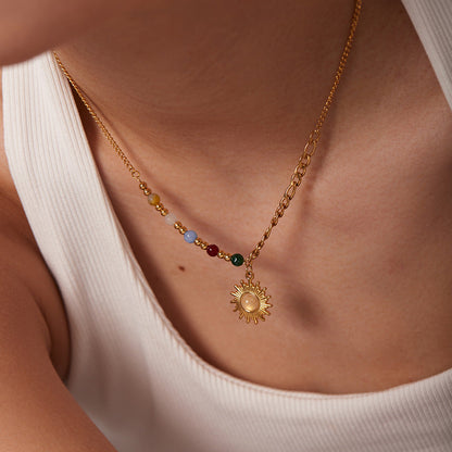 18K Gold Natural Stone Opal Sun Pendant Necklace