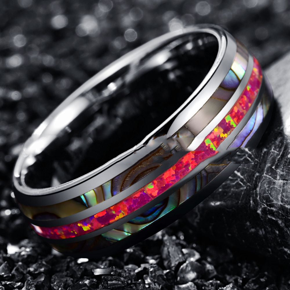 Opal Tungsten Ring 8mm | Multicolor Opal Inlay Black Tungsten Wedding Band | Anniversary Gift for Her and Him
