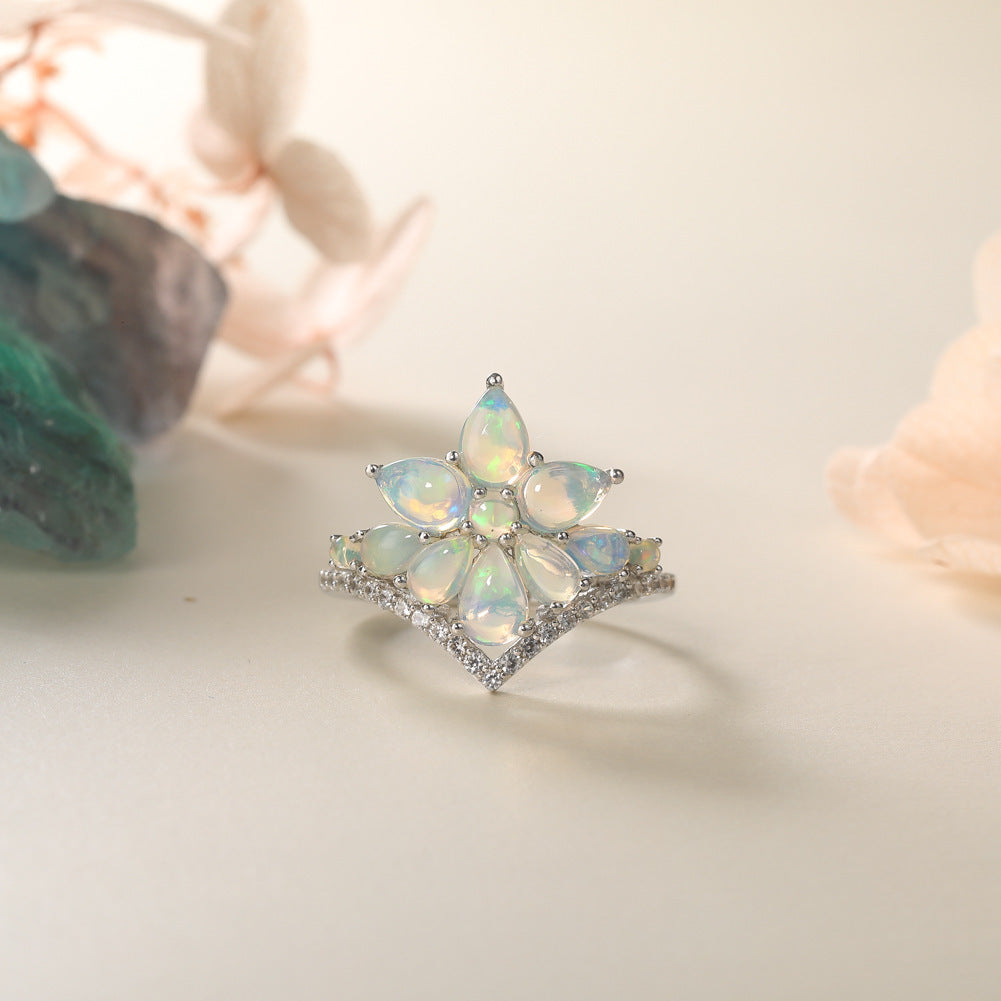 Flower Opal Ring in 925 Sterling Silver | Purple and White Gemstone Floral Ring | October Birthstone Gift for Her