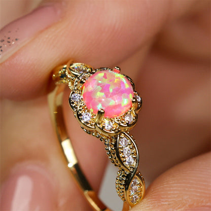 Platinum Round Opal Flower Ring in Sterling Silver | Floral Opal Platinum Ring | October Birthstone Gift for Her