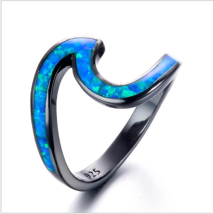 Black Gold Plated White Opal Ocean Wave Ring | Silver Opal Inlay Statement Ring | October Birthstone Gift for Her