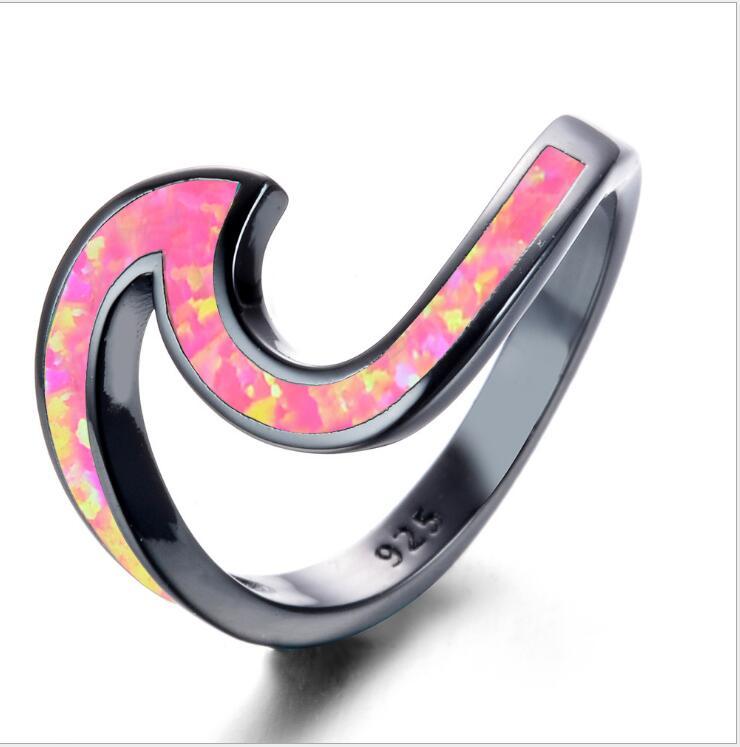Black Gold Plated White Opal Ocean Wave Ring | Silver Opal Inlay Statement Ring | October Birthstone Gift for Her