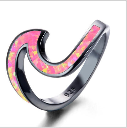Black Gold Plated White Opal Ocean Wave Ring | Silver Opal Inlay Statement Ring | October Birthstone Gift for Her
