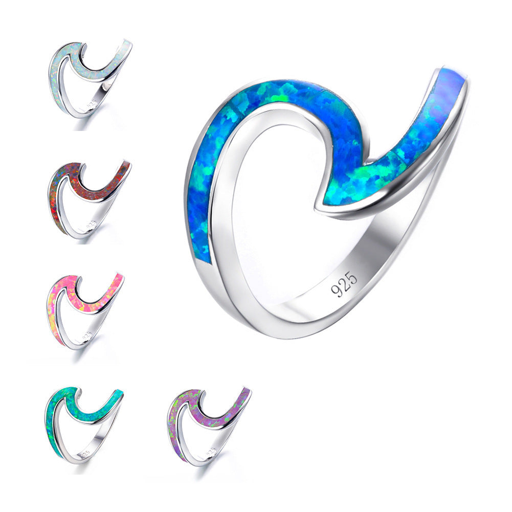 Wave Design Opal Inlay Silver Ring | Natural Opal Wave Ring | October Birthstone Gift for Her