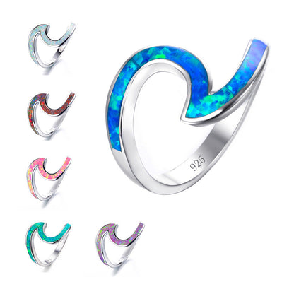 Wave Design Opal Inlay Silver Ring | Natural Opal Wave Ring | October Birthstone Gift for Her