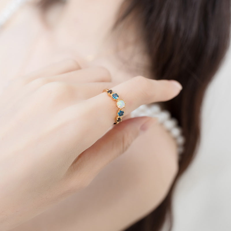 Opal and Blue Topaz 5-Stone Ring in Sterling Silver | Multi Gemstone Ring | October Birthstone Gift for Her