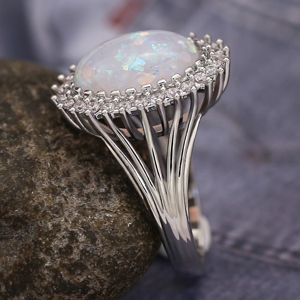 Large Oval Opal Halo Statement Ring in Sterling Silver | Bold Opal Halo Ring | October Birthstone Gift for Her
