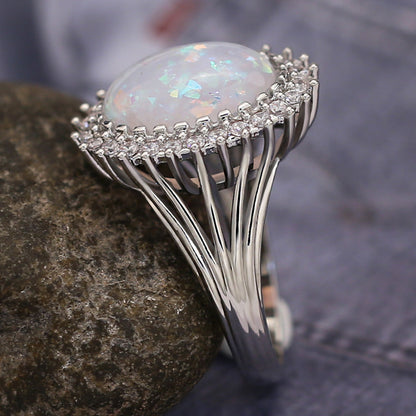 Large Oval Opal Halo Statement Ring in Sterling Silver | Bold Opal Halo Ring | October Birthstone Gift for Her