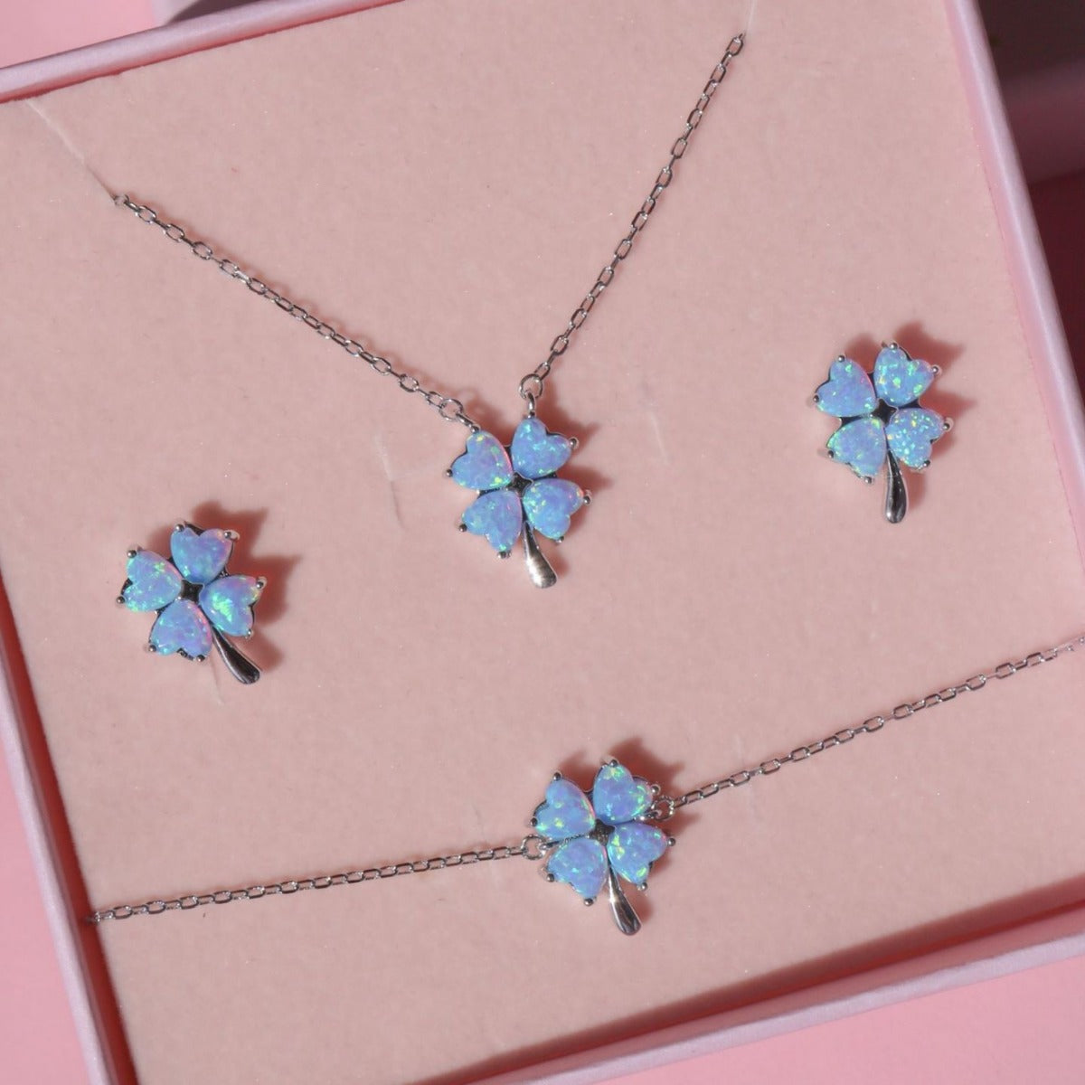 Opal Four-Leaf Clover Pendant Necklace & Ear Studs Pair
