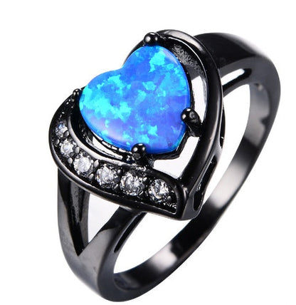 Heart Fire Opal Ring in Black Gold Plated 925 Sterling Silver | Promise and Engagement Ring Gift for Her