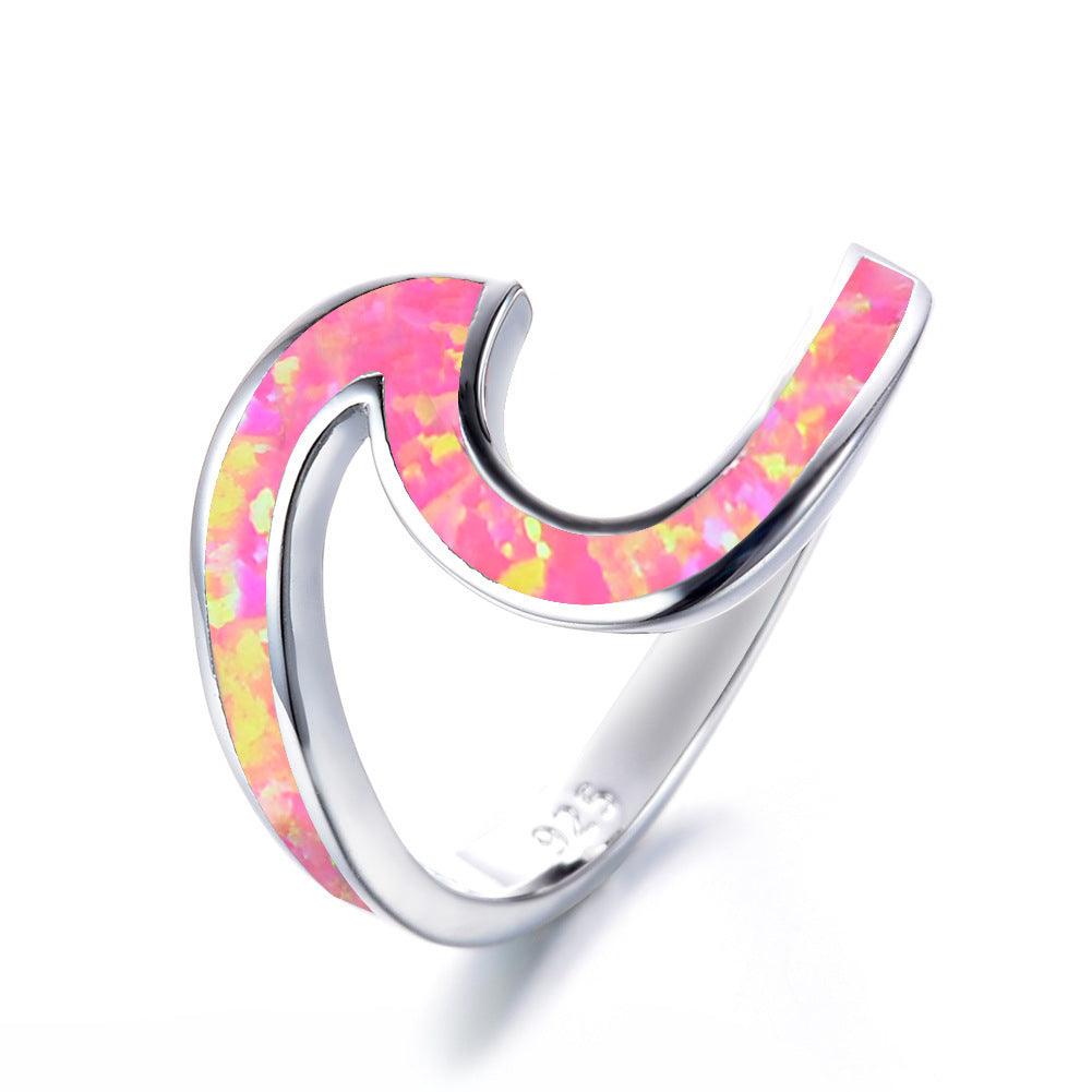 Wave Design Opal Inlay Silver Ring | Natural Opal Wave Ring | October Birthstone Gift for Her