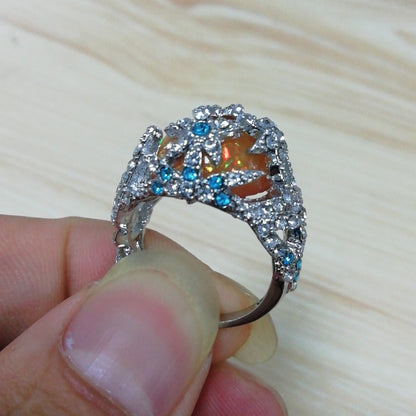 Large Fire Opal Statement Ring in Sterling Silver | Bold Fire Opal Ring | October Birthstone Gift for Her