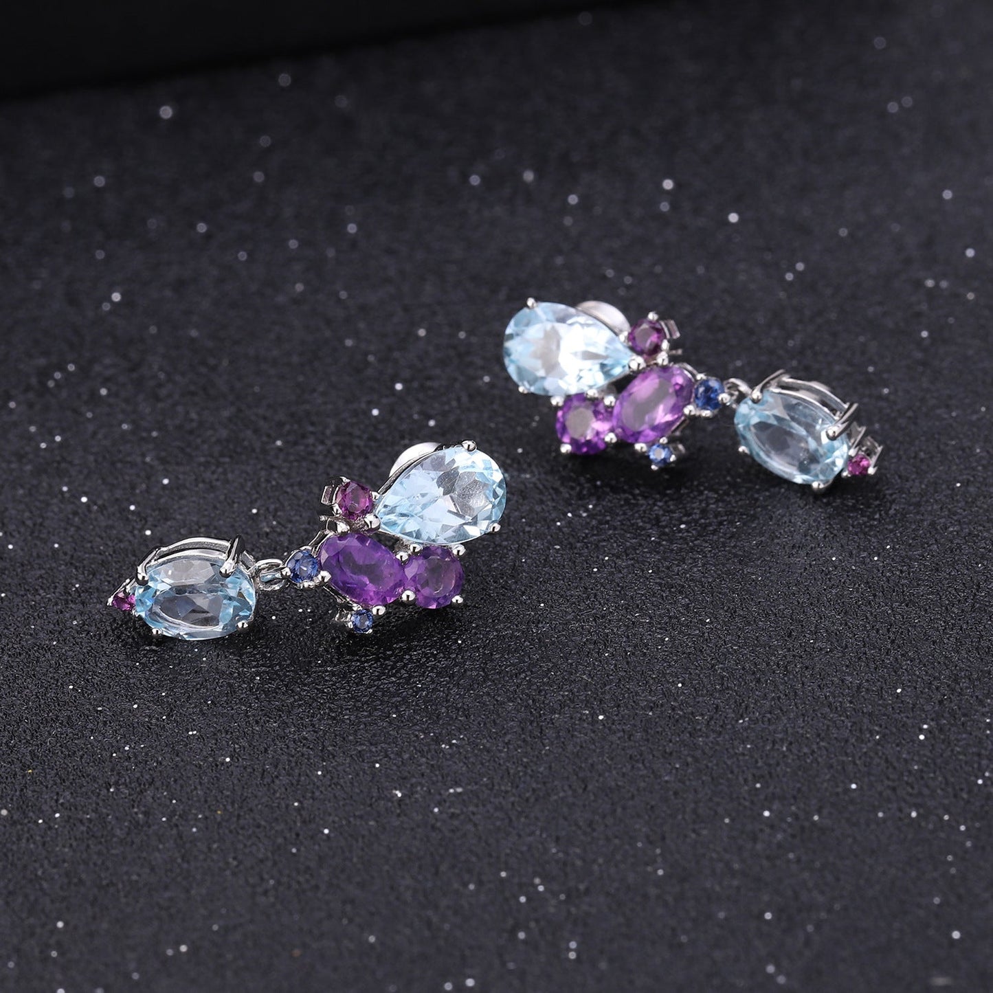 Sky Blue Topaz & Amethyst Drop Earrings 925 Sterling Silver, Natural Gemstone Dangle Earrings, Bridal Statement Jewelry Gift for Her