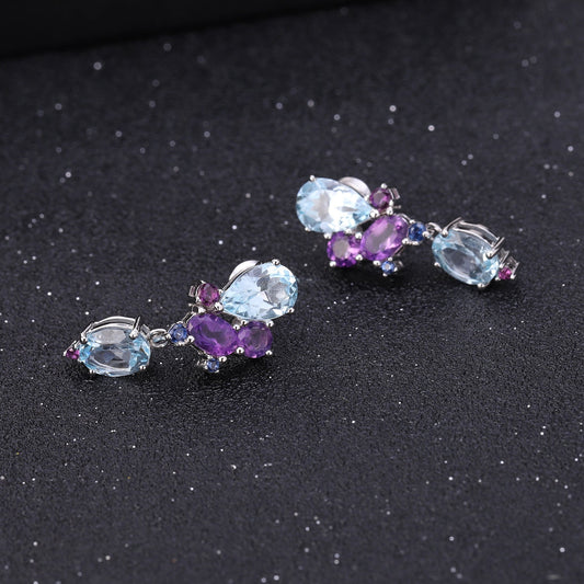 Sky Blue Topaz & Amethyst Drop Earrings 925 Sterling Silver, Natural Gemstone Dangle Earrings, Bridal Statement Jewelry Gift for Her