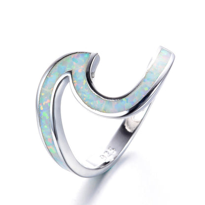 Wave Design Opal Inlay Silver Ring | Natural Opal Wave Ring | October Birthstone Gift for Her