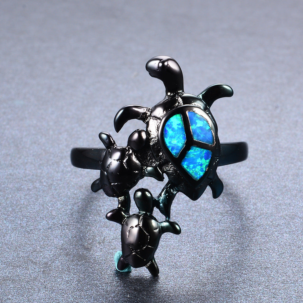 Blue Fire Opal Turtle Ring in Sterling Silver | Ocean Turtle Opal Ring | October Birthstone Gift for Her